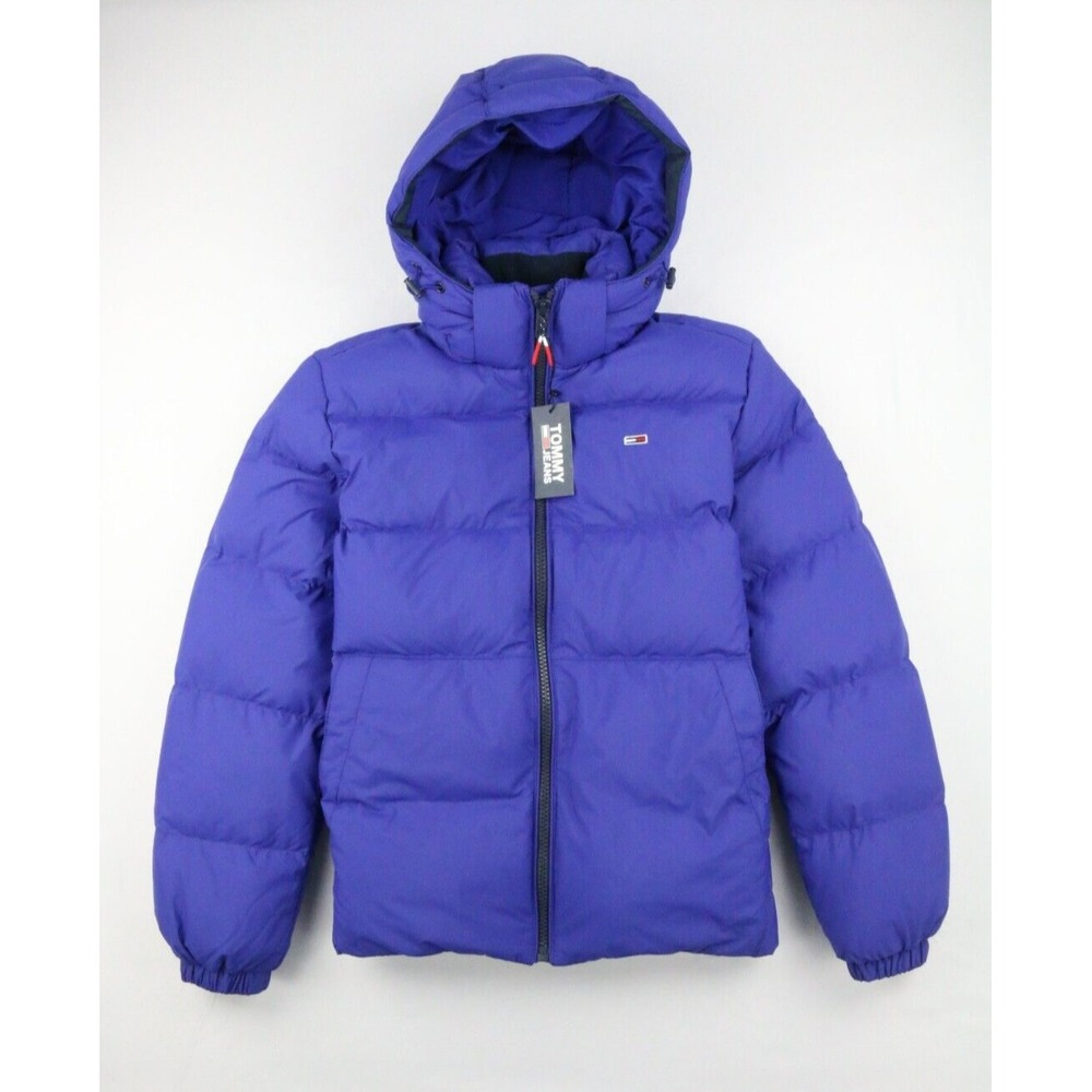 Tommy Jeans Tommy Hilfiger Mens Hooded Down Jacket Blue Sz XS Embroidery Elastic